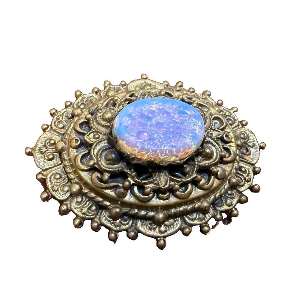 Vintage Victorian Style Ornate Gold Tone Harlequin Glass Fire Opal Brooch Pin